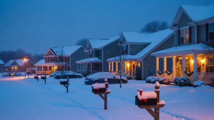 Snow-covered suburban street at dusk, warm lights glowing from homes, creating a serene winter evening scene in a quiet neighborhood