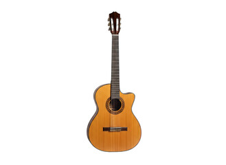 Obraz premium Acoustic Guitar with Cutaway Body and Intricate Rosette Detail on a Black Background with No Distractions