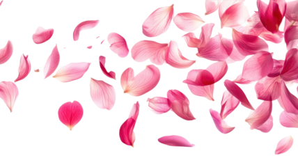 Petals of pink flowers scattered gracefully on a white background creating a serene and delicate atmosphere.