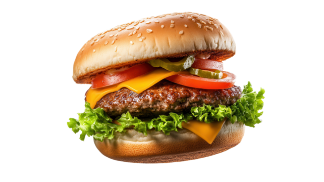 Juicy beef burger topped with fresh lettuce, tomatoes, cheese, and pickles in a sesame seed bun.