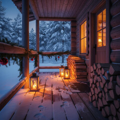 Cozy log cabin porch in a snowy winter landscape, illuminated by warm lanterns and festive decorations, offering a serene escape