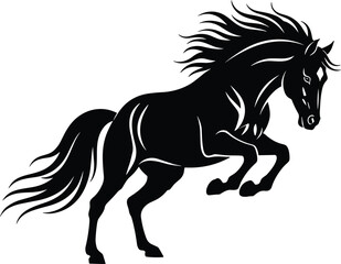 Silhouette, horse in motion, rearing pose, flowing mane, black figure, power, grace, dynamic, minimalist, artistic, tattoo, logo, 