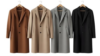 Four stylish mens long coats in brown, beige, grey, and black, on hangers, isolated on white background