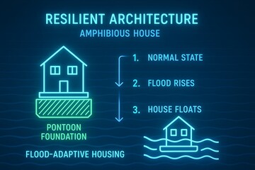 Amphibious House Infographic with Floating Foundation for Flood-Prone Area Architecture
