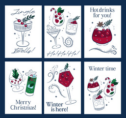 Christmas drinks cards set. winter holiday cocktails with decoration. Christmas and New Year's drinks in glasses of various shapes. Colorful illustrations in doodle sketch style. 