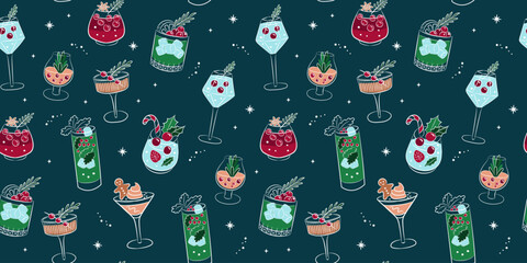 Seamless background - Winter holiday drinks. Christmas cocktails endless pattern.Christmas and New Year's drinks in glasses of various shapes. Colorful illustrations in doodle sketch style. 