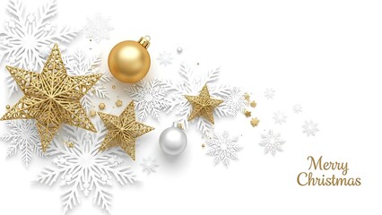 Golden christmas decorations with stars, baubles, and festive elements isolated on white background
