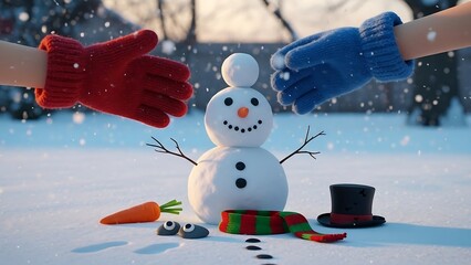 Festive snowman creation with red and blue gloved hands.