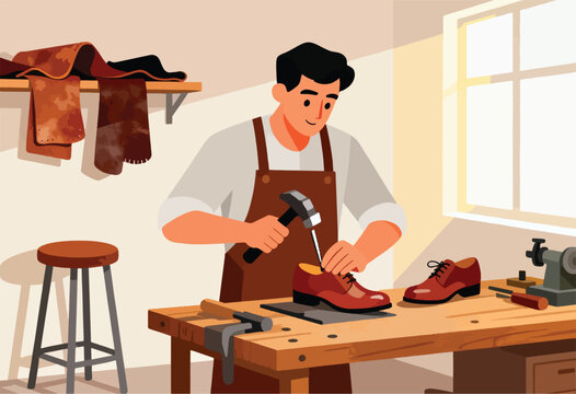 A shoemaker, apron-clad, expertly crafts a shoe on a wooden bench with tools and leather. Another shoe complete
