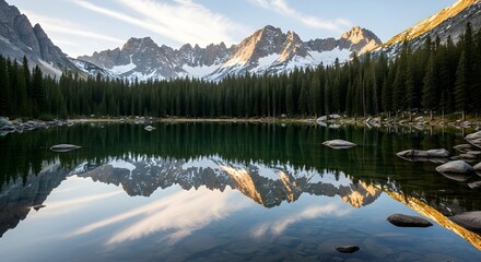 Serene mountain lake reflects jagged peaks and pine forest at sunrise