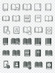 Reading, Library, and Document Icons Set, Featuring Books, PDF Files, Address Books, and Information Symbols