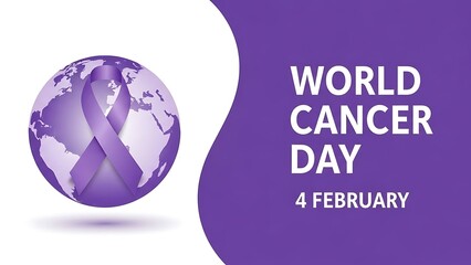 World cancer day banner with purple globe and awareness ribbon symbol for global health solidarity and support, observed annually each 4 february.