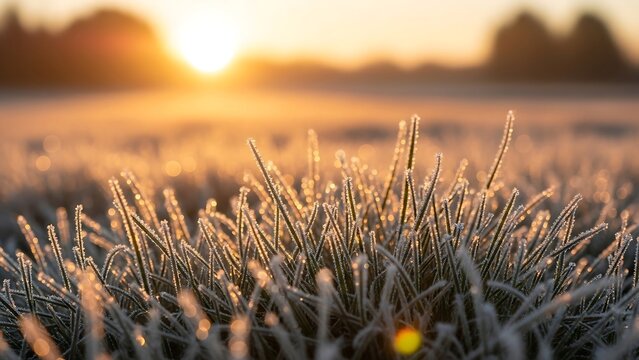 Frosty Grass Blades at Sunrise - A Winters Morning Landscape.