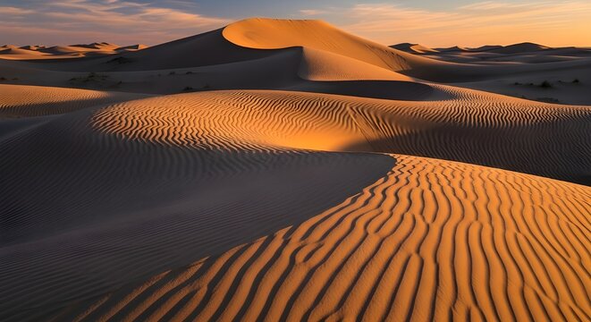 Golden desert dunes at sunset with rippling sand patterns