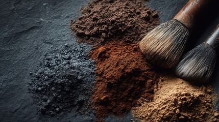 Artistic makeup powder palette with professional brushes for beauty bloggers, showcasing natural earth tones and textures for cosmetic design inspiration, perfect for tutorials