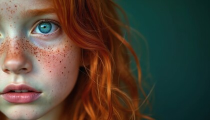 Close-up portrait of young red haired girl with blue eyes, freckles. Ginger hair slightly blurred. Serious expression, looking directly into camera. Simple indoor studio background used.
