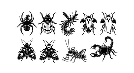 Collection of Spooky Halloween Insect and Creature Illustrations
