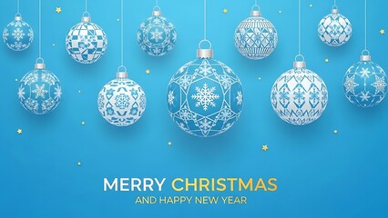 Merry christmas and happy new year with festive silver baubles hanging on a blue background