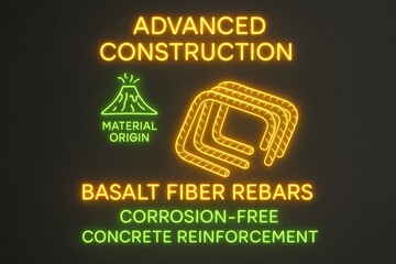 Neon Basalt Fiber Infographic with Volcanic Rock Material for Sustainable Construction and Composites
