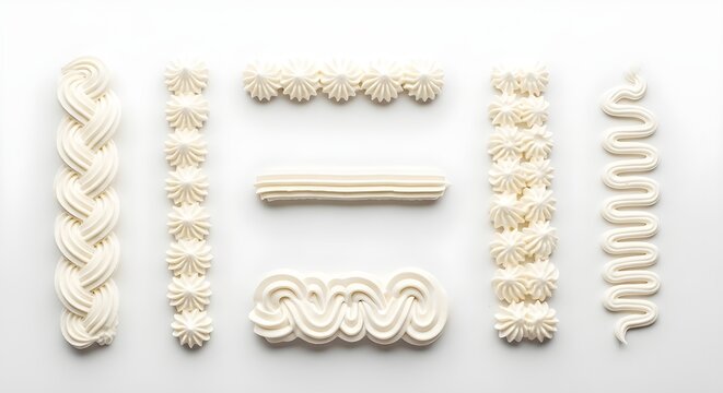 Collection of various piped white cream frosting border designs for bakery and cake decoration. isolated PNG with Transparent Background