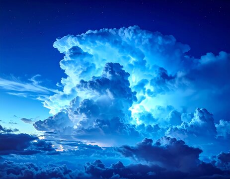 Large, fluffy blue cloud formation against a deep blue sky
