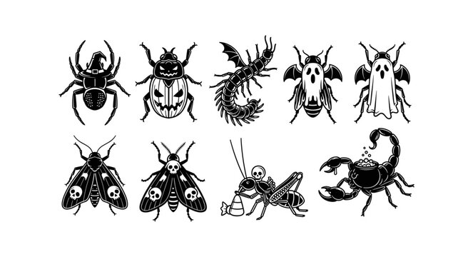 Collection of Spooky Halloween Insect and Creature Illustrations