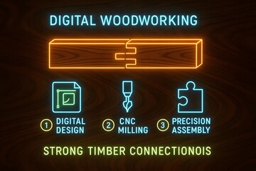 Neon Timber Joinery Infographic with Wood Connection Techniques for Traditional Carpentry and Design

