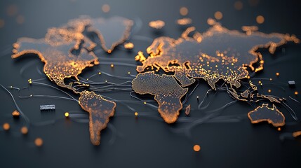 A digital illustration of a world map with glowing dots and lines, suggesting global connectivity, on a dark background.