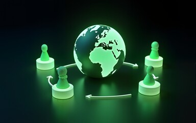 ESG sustainability concept with glowing green icons around digital globe representing environmental, social, and governance principles on dark background. 3D Rendering. High quality