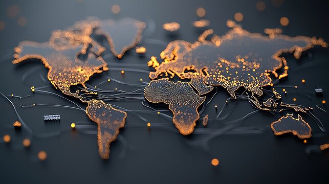 A digital illustration of a world map with glowing dots and lines, suggesting global connectivity, on a dark background. - Powered by Adobe