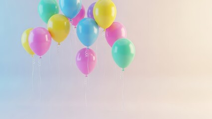 A vibrant collection of helium balloons in various pastel colors like pink, yellow, blue, and green, floating against a soft, gradient backdrop. Cheerful and festive mood.