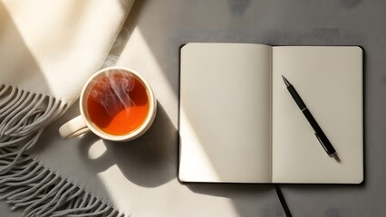 Overhead View of an Open Blank Notebook and Pen Next to a Steaming Mug of Hot Tea or Coffee on a Grey Blanket, Representing Work From Home, Planning, and Cozy Study
