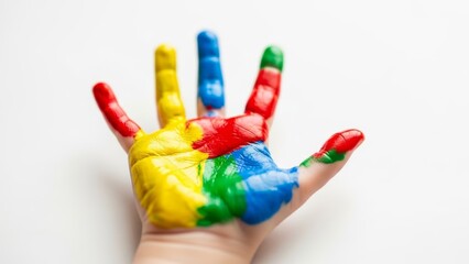 Close-up of a child's hand playfully covered in vibrant red, yellow, green, and blue paint against a clean white background, evoking creativity and joy.