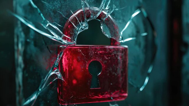 Video A broken glass door with a red lock