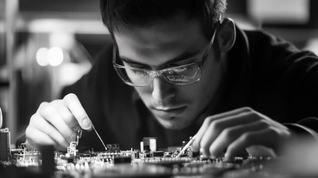 Video Man in glasses assembling electronic components