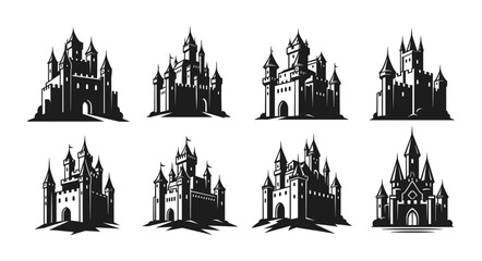 Obraz premium Collection of eight detailed black and white castle illustration