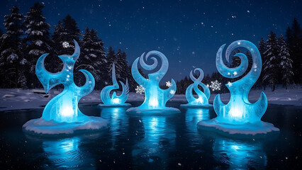 Illuminated ice sculptures on a frozen lake surrounded by snow covered trees at night in winter season