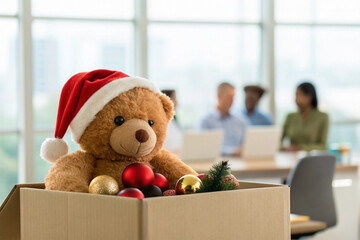 A cute teddy bear wearing a Christmas hat sits in a box of ornaments, symbolizing the holiday spirit in a modern workplace
