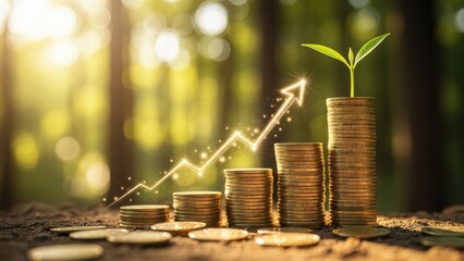 Growing stack of coins with a green sprout and an upward arrow. Financial growth and investment concept for business development.