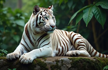 White tiger calmly lies on mossy rock. Striking blue eyes gaze to side. Big cat beautiful black stripes on white fur. Wild animal rests among green jungle plants, observing natural habitat. Rare