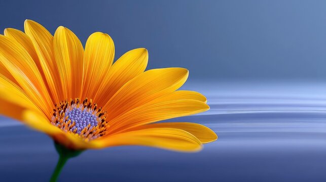 Close-up of a vibrant yellow flower with a purple center, set against a soft blue background. The petals are in full bloom, illuminated with soft lighting. - Powered by Adobe