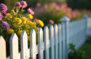 Fototapeta premium White picket fence borders garden with flowers in soft sunlight. Decorative plants bloom near rustic barrier. Countryside backyard at daytime. Floral landscape design concept with blooming yellow,