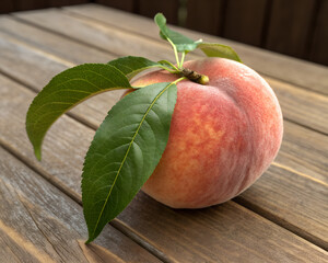 Fresh ripe peach with a green leaf