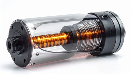 Detailed view of a transparent coil tank with glowing heating element highlighting design features and functionality