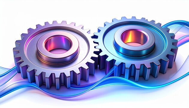 Close-up view of shiny metallic gears with colorful swirling lights in a modern design setting