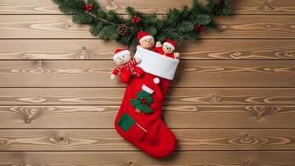 Festive Christmas Stocking with Elf Dolls and Wreath on Wooden Wall.