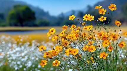 Fototapeta premium Close-up of vibrant yellow wildflowers in a field, with a blurred background of white flowers, trees, and a blue sky. The scene is bathed in sunlight.