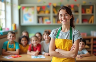 Fototapeta premium Smiling teacher stands with crossed arms in classroom. Children sit at desks. Teacher wears yellow apron. Students enjoy school, draw pictures, learn new things with educator. Back to school time.