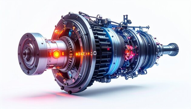 Modern turbine engine showcasing intricate design and technology in a studio setting