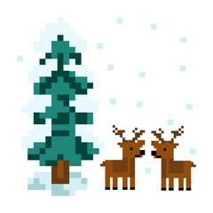 Fototapeta premium Pixel art pine tree with two deer in winter